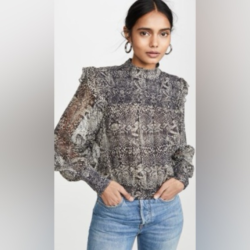 FREE PEOPLE Snakeskin Print Smocked Ruffle Semisheer Blouse Size XS